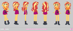 Size: 4900x2111 | Tagged: safe, alternate version, artist:invisibleink, sunset shimmer, human, equestria girls, g4, boots, clothes, cutie mark on clothes, female, geode of empathy, gray background, hand on hip, magical geodes, reference sheet, shirt, shoes, simple background, skirt, turnaround