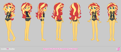 Size: 4900x2111 | Tagged: safe, alternate version, artist:invisibleink, sunset shimmer, human, equestria girls, equestria girls specials, g4, my little pony equestria girls: forgotten friendship, barefoot, belly, belly button, bikini, bracelet, bunset shimmer, butt, clothes, feet, female, geode of empathy, gray background, hand on hip, jewelry, magical geodes, reference sheet, simple background, swimsuit, vest