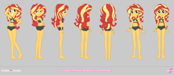 Size: 4900x2111 | Tagged: safe, alternate version, artist:invisibleink, sunset shimmer, human, equestria girls, equestria girls specials, g4, my little pony equestria girls: forgotten friendship, barefoot, belly, belly button, bikini, bracelet, bunset shimmer, butt, clothes, feet, female, geode of empathy, gray background, hand on hip, jewelry, magical geodes, reference sheet, simple background, swimsuit