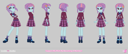 Size: 4932x2111 | Tagged: safe, artist:invisibleink, sunny flare, human, equestria girls, g4, bowtie, clothes, crossed arms, crystal prep academy uniform, eyeshadow, female, hairpin, makeup, pleated skirt, reference sheet, school uniform, shadowbolts, skirt, socks, uniform