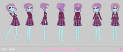 Size: 4932x2111 | Tagged: safe, alternate version, artist:invisibleink, sunny flare, human, equestria girls, g4, barefoot, clothes, crossed arms, crystal prep academy uniform, eyeshadow, feet, female, hairpin, makeup, missing accessory, pleated skirt, reference sheet, school uniform, shadowbolts, skirt, uniform