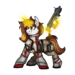 Size: 2300x2300 | Tagged: safe, artist:molars, oc, oc only, oc:felt whisper, pony, unicorn, armor, barding, clothes, determined, gun, helldivers, helldivers 2, horn, long mane, magic, magic aura, male, simple background, smiling, solo, stallion, standing, telekinesis, transparent background, weapon, white fur