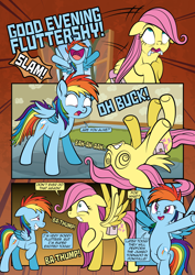 Size: 2482x3509 | Tagged: safe, artist:alexdti, artist:v-nico, fluttershy, rainbow dash, pegasus, pony, comic:how we met, g4, bag, comic, dialogue, duo, duo female, female, filly, flying, foal, folded wings, lying down, on back, open mouth, partially open wings, raised hoof, saddle bag, speech bubble, spread wings, swirly eyes, talking, wings, younger