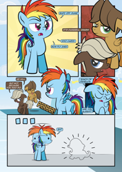 Size: 2482x3509 | Tagged: safe, artist:alexdti, artist:v-nico, dumbbell, hoops, rainbow dash, pegasus, pony, comic:how we met, g4, colored wings, colt, colt dumbbell, colt hoops, comic, dialogue, eyes closed, eyes open, female, filly, filly rainbow dash, floppy ears, flying, foal, folded wings, implied fluttershy, male, motion lines, onomatopoeia, open mouth, outline, raised hoof, raspberry, raspberry noise, speech bubble, spread wings, talking, tongue out, two toned wings, underhoof, wings, younger