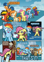 Size: 2482x3509 | Tagged: safe, artist:alexdti, dumbbell, fluttershy, hoops, rainbow dash, oc, oc:kayla goldenwing, oc:purple creativity, pegasus, pony, comic:how we met, g4, cloud, colored wings, colt, colt dumbbell, colt hoops, comic, crying, dialogue, female, filly, filly fluttershy, filly rainbow dash, flapping, flapping wings, foal, folded wings, male, motion lines, open mouth, open smile, outdoors, sky, smiling, speech bubble, spread wings, talking, two toned wings, wings, wings down, younger