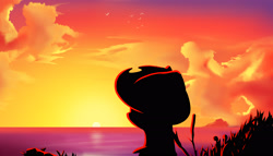 Size: 2800x1600 | Tagged: safe, artist:naafreelanceartist, applejack, earth pony, pony, g4, applejack's hat, bust, cowboy hat, female, hat, high res, mare, ocean, outdoors, scenery, silhouette, solo, sun, sunset, water