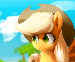 Size: 1617x1329 | Tagged: safe, artist:naafreelanceartist, applejack, earth pony, pony, g4, :t, applejack's hat, bust, cowboy hat, female, hat, mare, outdoors, portrait, solo