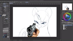 Size: 1918x1080 | Tagged: safe, artist:naafreelanceartist, oc, oc only, pony, unicorn, angry, clip studio paint, gun, handgun, horn, pistol, sketch, solo, suddenly hands