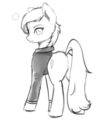 Size: 619x773 | Tagged: safe, artist:naafreelanceartist, oc, oc only, earth pony, pony, butt, clothes, female, looking back, mare, plot, simple background, sketch, smiling, solo, sweater, white background