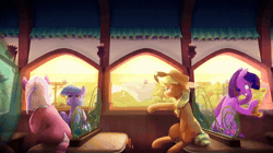 Size: 1280x720 | Tagged: safe, artist:naafreelanceartist, applejack, clear sky, twilight sparkle, wind sprint, alicorn, earth pony, pegasus, pony, g4, angry, animated, female, indoors, looking out the window, magic, mare, scenery, scroll, sitting, talking, telekinesis, train, twilight sparkle (alicorn), webm