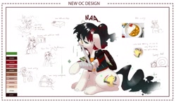 Size: 1920x1139 | Tagged: safe, artist:naafreelanceartist, oc, oc only, oc:naa, pegasus, pony, artist, backpack, band-aid, band-aid on nose, bandage, clothes, ethereal mane, eyes closed, female, mare, pegasus oc, ponysona, reference sheet, simple background, sitting, small wings, solo, white background, wings