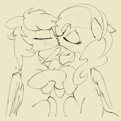 Size: 2000x2000 | Tagged: safe, anonymous artist, fluttershy, rainbow dash, pegasus, g4, female, kissing, lesbian, monochrome, ship:flutterdash, shipping