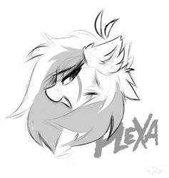 Size: 1025x1080 | Tagged: safe, artist:kejifox, oc, oc only, oc:plexa, earth pony, bust, ear fluff, earth pony oc, facial markings, floating hair, grayscale, lidded eyes, looking back, monochrome, name, portrait, simple background, sketch, smiling, solo, two toned mane, white background