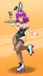 Size: 2884x5113 | Tagged: safe, artist:carpdime, sunny starscout, human, g5, bunny ears, bunny suit, clothes, dessert, food, humanized, parfait, roller skates, skates, solo, stockings, thigh highs, tray