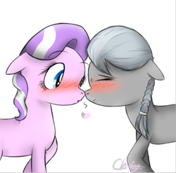 Size: 751x741 | Tagged: safe, artist:pinkie321pie, diamond tiara, silver spoon, earth pony, pony, g4, blushing, cute, female, floppy ears, lesbian, missing accessory, ship:silvertiara, shipping, signature