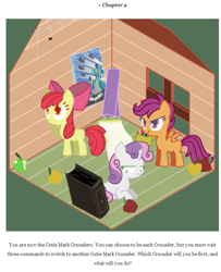 Size: 623x768 | Tagged: safe, apple bloom, scootaloo, sweetie belle, earth pony, pegasus, unicorn, g4, apple, book, clubhouse, crusaders clubhouse, cutie mark crusaders, female, filly, foal, food, horn, poster, scootaloo's big adventure, wonderbolts