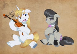 Size: 4096x2896 | Tagged: safe, artist:haruh_ink, octavia melody, prince blueblood, earth pony, pony, unicorn, g4, duo, duo male and female, female, horn, male, mare, musical instrument, stallion, violin