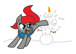 Size: 900x649 | Tagged: safe, artist:purblehoers, oc, oc only, oc:nawni, pegasus, pony, g4, female, kicking, mare, marecon, simple background, smiling, snow, snowman, solo, standing, white background, winter wrap up vest