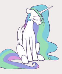 Size: 522x618 | Tagged: safe, artist:nadnerbd, princess celestia, alicorn, pony, g4, eyes closed, female, floppy ears, gray background, long mane, long tail, mare, missing accessory, sad, sadlestia, simple background, sitting, slender, solo, tail, thin