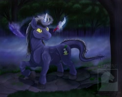 Size: 2500x2000 | Tagged: safe, oc, oc:folket firewing, dracony, dragon, hybrid, unicorn, equestria at war mod, fanfic:the prophecy, fanfic:пророчество, dagger, fanfic art, fog, forest, horn, magic, magic aura, nature, night, telekinesis, tree, weapon