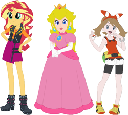 Size: 633x569 | Tagged: safe, artist:sturk-fontaine, sunset shimmer, human, equestria girls, g4, base used, crossover, crown, female, geode of empathy, jewelry, magical geodes, may (pokémon), poké ball, pokémon, pokémon omega ruby and alpha sapphire, princess peach, puffy sleeves, regalia, simple background, super mario, trio, trio female, white background