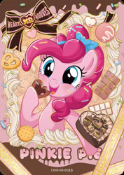 Size: 1320x1860 | Tagged: safe, pinkie pie, earth pony, pony, g4, official, blushing, candy, card, chocolate, cookie, eating, english, food, heart, hearts and hooves day, holiday, kayou, looking at you, merchandise, open mouth, open smile, smiling, solo, standing on two hooves, text, valentine's day