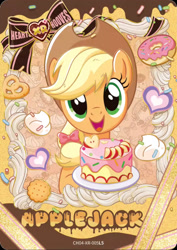 Size: 1320x1864 | Tagged: safe, applejack, earth pony, pony, g4, official, cake, candy, card, chocolate, cookie, donut, english, food, heart, hearts and hooves day, holiday, kayou, looking at someone, looking at you, merchandise, open mouth, open smile, smiling, solo, standing on two hooves, text, valentine's day