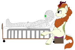 Size: 1396x938 | Tagged: safe, artist:chopsticks, autumn blaze, oc, oc:anon, human, kirin, g4, bandage, bed, cheek fluff, chest fluff, colored sketch, crossed legs, duo, fluffy, full body wing and hoof cast drinking through a straw, hospital bed, lying down, simple background, sitting, sketch, unshorn fetlocks, white background, wip