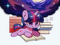 Size: 2133x1600 | Tagged: safe, artist:tkotu434, twilight sparkle, pony, unicorn, g4, book, bookhorse, cute, female, filly, filly twilight sparkle, horn, lying down, open mouth, open smile, prone, reading, simple background, smiling, solo, sploot, twiabetes, unicorn twilight, white background, younger