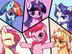 Size: 2133x1600 | Tagged: safe, artist:tkotu434, applejack, fluttershy, pinkie pie, rainbow dash, rarity, twilight sparkle, alicorn, earth pony, pegasus, pony, unicorn, g4, chest fluff, eyes closed, female, horn, lidded eyes, mane six, mare, open mouth, open smile, outstretched arms, smiling, twilight sparkle (alicorn), underhoof