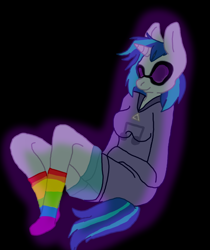 Size: 850x1012 | Tagged: safe, artist:aurastar-taijiya, dj pon-3, vinyl scratch, unicorn, anthro, g4, black background, clothes, female, horn, rainbow socks, simple background, socks, solo, striped socks, vinyl's glasses