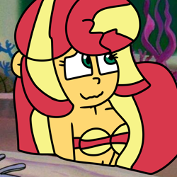 Size: 1000x1000 | Tagged: safe, artist:jadeharmony, sunset shimmer, mermaid, equestria girls, g4, bra, cute, cute smile, female, mermaidized, seashell, seashell bra, shimmerbetes, solo, species swap, the little mermaid, underwater, water