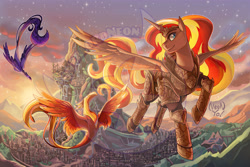 Size: 4500x3000 | Tagged: safe, artist:overlordneon, philomena, sunset shimmer, oc, oc:faerana, alicorn, original species, phoenix, pony, fanfic:and a sky full of stars - amber spark, g4, alicornified, armor, canterlot, crown, fanfic art, female, flying, high res, jewelry, mare, moon phoenix, obtrusive watermark, outdoors, race swap, regalia, shimmercorn, spread wings, sunset, watermark, wings