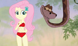 Size: 1280x762 | Tagged: safe, artist:remifan, fluttershy, human, snake, equestria girls, g4, butterfly hairpin, cute, duo, female, forest, jungle, kaa, lidded eyes, looking at each other, looking at someone, male, nature, shyabetes, smiling, tree, unsure