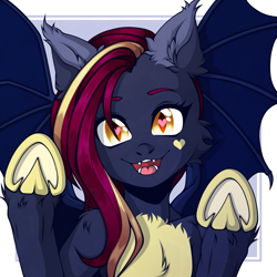 Size: 5000x5000 | Tagged: safe, artist:artemis, oc, oc only, oc:nightingale ode, bat pony, pony, bat pony oc, bat wings, birthmark, blue body, chest fluff, colored belly, colored hooves, ear fluff, fangs, female, happy, heart, hooves, mare, red hair, simple background, smol, solo, transparent background, wings, yellow eyes