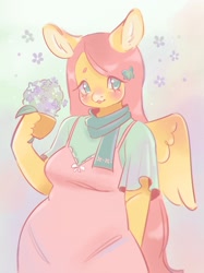 Size: 2048x2732 | Tagged: safe, artist:yukiyuna13, fluttershy, pegasus, anthro, g4, abstract background, arm hooves, blushing, bouquet, breasts, clothes, cute, dress, female, flower, high res, hoof hold, looking at you, mare, scarf, shyabetes, smiling, smiling at you, solo