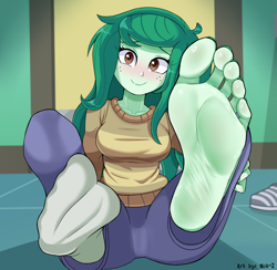 Size: 1988x1944 | Tagged: safe, artist:nok_2, wallflower blush, human, equestria girls, g4, blushing, clothes, feet, fetish, foot fetish, foot focus, looking at you, nail polish, shoes, smiling, smiling at you, soles, solo, toenail polish, toenails, toes