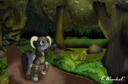 Size: 3800x2500 | Tagged: safe, artist:krinkelwinkel, oc, oc only, oc:tweek, pegasus, armor, bush, dirt road, dovahkiin, female, forest, forest background, helmet, horned helmet, mare, nature, path, pegasus oc, road, rock, signature, skyrim, sunlight, tail, the elder scrolls, tree