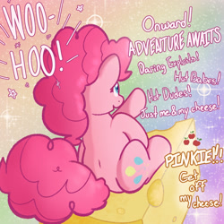 Size: 960x960 | Tagged: safe, artist:dynamosaysrelax, pinkie pie, earth pony, pony, g4, cheese, cute, female, food, funny, implied applejack, looking back, pink coat, pink mane, pinkiebetes, rainbow background, riding, solo, solo female, text, this will end in laughs