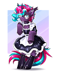 Size: 1954x2500 | Tagged: safe, artist:buvanybu, oc, oc only, oc:synthie glitch, bat pony, bat pony unicorn, hybrid, pony, unicorn, bat pony unicorn oc, bipedal, blue eyes, blushing, choker, clothes, cute, cute little fangs, dress, ear piercing, ear tufts, earring, fangs, female, fishnet clothing, fishnet stockings, glasses, hoof over mouth, horn, jewelry, maid, mare, multicolored mane, multicolored tail, passepartout, piercing, simple background, skirt, solo, standing, stockings, tail, thigh highs