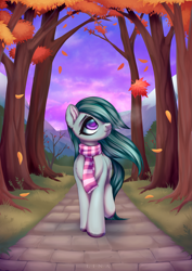 Size: 3507x4960 | Tagged: safe, alternate version, artist:lina, marble pie, earth pony, pony, g4, alley, big eyes, clothes, detailed background, falling leaves, female, forest, full body, leaf, leaves, looking up, mare, mountain, nature, road, scarf, smiling, tree, walking