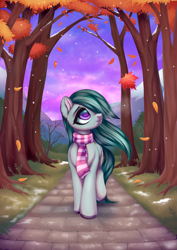 Size: 3507x4960 | Tagged: safe, artist:lina, marble pie, earth pony, pony, g4, alley, big eyes, clothes, detailed background, falling leaves, female, forest, full body, leaf, leaves, looking up, mare, mountain, nature, road, scarf, smiling, snow, tree, walking