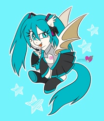 Size: 1649x1929 | Tagged: safe, artist:czscribbles, bat pony, pony, g4, :p, bat ponified, bat wings, blue background, blue eyes, blue mane, clothed ponies, clothes, ear fluff, female, flying, hatsune miku, looking at you, necktie, open mouth, pigtails, ponified, race swap, simple background, skirt, smiling, smiling at you, socks, solo, solo female, stars, tongue out, twintails, vocaloid, white coat, wings