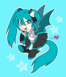 Size: 1649x1929 | Tagged: safe, alternate version, artist:czscribbles, bat pony, pony, g4, :p, bat ponified, bat wings, blue background, blue eyes, blue mane, clothed ponies, clothes, ear fluff, female, flying, hatsune miku, looking at you, necktie, open mouth, pigtails, ponified, race swap, simple background, skirt, smiling, smiling at you, socks, solo, solo female, stars, tongue out, twintails, vocaloid, white coat, wings