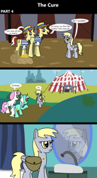 Size: 1920x3516 | Tagged: safe, artist:platinumdrop, derpy hooves, flam, flim, lyra heartstrings, twinkleshine, pegasus, pony, comic:the cure, g4, leap of faith, my little pony: friendship is magic, 3 panel comic, bag, bathroom, bits, bottle, brothers, comic, commission, dialogue, female, flim flam brothers, flim flam miracle curative, folded wings, hat, hopeful, horn, male, mare, mirror, sack, saddle bag, siblings, sink, smiling, speech bubble, stallion, tonic, walking, waving, wings