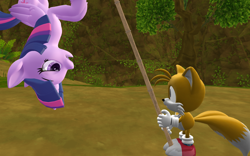 Size: 1920x1200 | Tagged: safe, artist:puzzlshield2, twilight sparkle, alicorn, pony, series:brother bear: a crossover parody, g4, 3d, bamboo, classic tails, crossover, hanging, hanging upside down, miles "tails" prower, mmd, recreation, sonic the hedgehog (series), stick, story included, twilight sparkle (alicorn), upside down