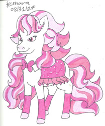 Size: 828x991 | Tagged: safe, artist:cmara, horse, bowtie, candi (wild manes), clothes, female, gradient muzzle, leg warmers, mare, saddle, simple background, smiling, solo, tack, traditional art, white background, wild manes