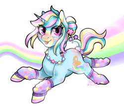 Size: 2992x2621 | Tagged: safe, artist:pastelpalette, oc, oc only, oc:pastel palette, unicorn, big eyes, blue coat, blushing, clothes, cute, female, horn, leg warmers, mare, ponysona, rainbow, smiling, socks