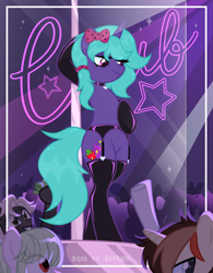 Size: 3893x5001 | Tagged: safe, alternate version, artist:3akypo, artist:seurnik, oc, oc only, oc:lilac tart, unicorn, semi-anthro, boots, bow, clothes, hair bow, horn, leather, leather boots, nudity, shoes, smiling, smirk, stripper pole, unicorn oc