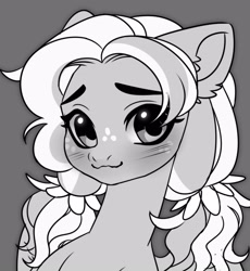 Size: 1989x2160 | Tagged: safe, artist:konejo, oc, oc only, pony, :3, blushing, bust, ear fluff, eyes open, female, looking at you, mare, monochrome, simple background, solo, two toned mane